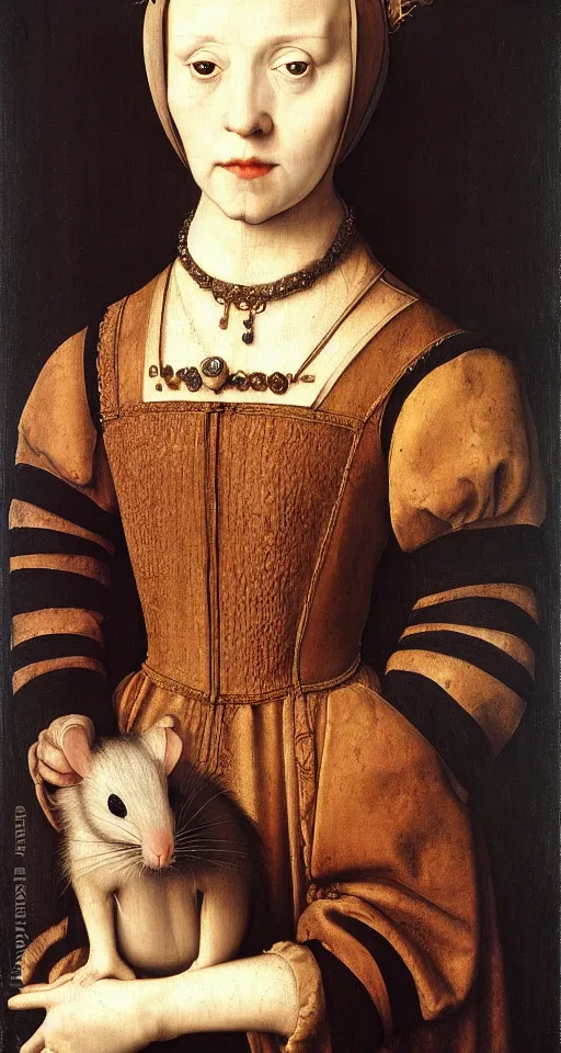 Image similar to painted portrait of a beautiful strange girl with a rat, 1 6 th century, hans holbein the younger, jan van eyck, gerit dou,