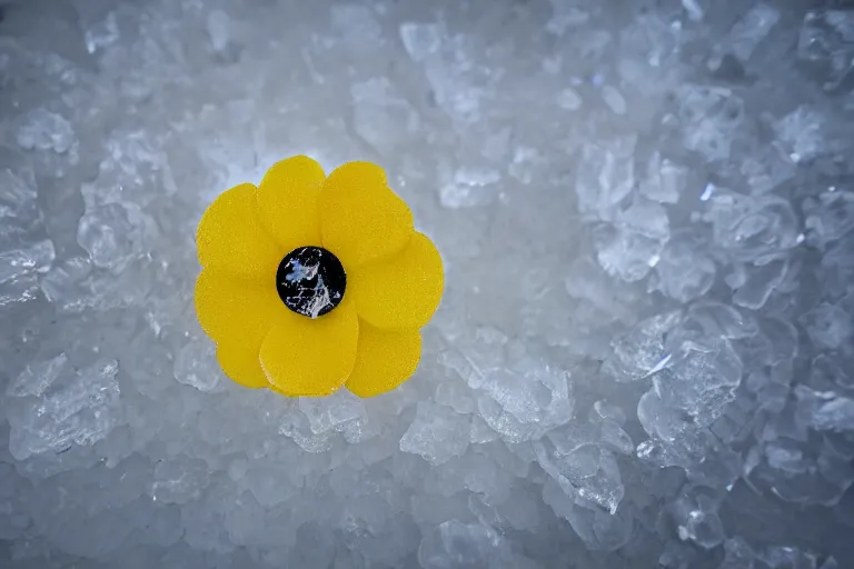 Prompt: yellow flower button covered in thin layer of ice