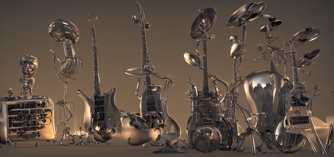 Image similar to Bryce-3d!!!-octane-render of a suite of unique alien musical instruments, expensive Hollywood CG influenced by Michael Whelan and Pixar