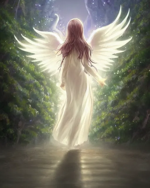 Image similar to infinitely detailed concept art of angel elegantly clothed strolling through a peaceful path, artstation!! / pixiv!!! infinitely detailed, mall dream world, in a mall with alot of stores and neon signs, scenery art concept, dream magical, dream scenery art, dream lighting, full - body majestic angel