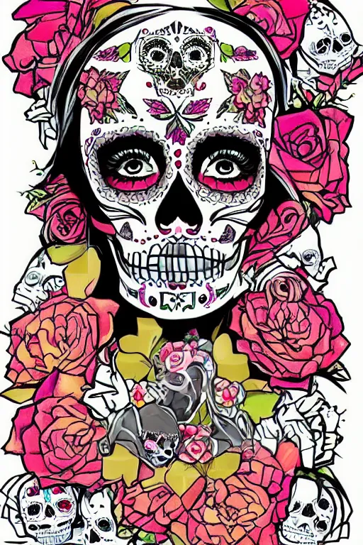 Image similar to illustration of a sugar skull day of the dead girl, vanitas art