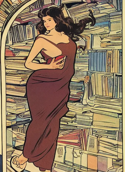 Prompt: a woman with light brown hair and glasses sitting on top of a tall pile of books. she is reading. well composed, clean elegant painting, beautiful detailed face. comic book art by steve ditko and jack kirby and alphonse mucha