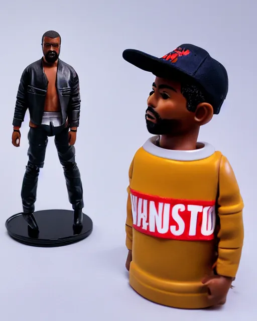 Image similar to 1970s action figure of Kanye West, product photography, plastic toy, white background, isolated background, studio lighting