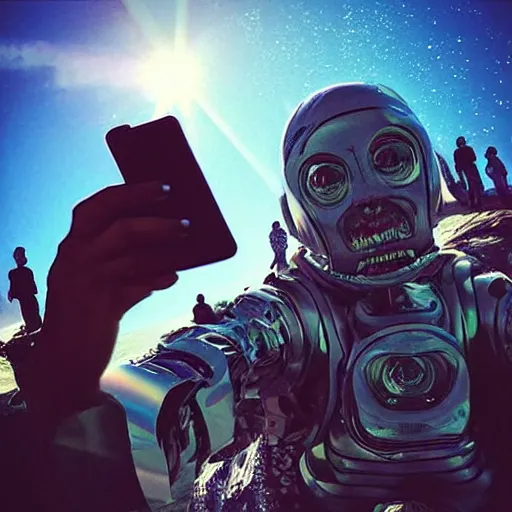 Image similar to “ our humanoid descendants in the year 2 2 0 0 taking a selfie on their sci - fi planet, award - winning details ”