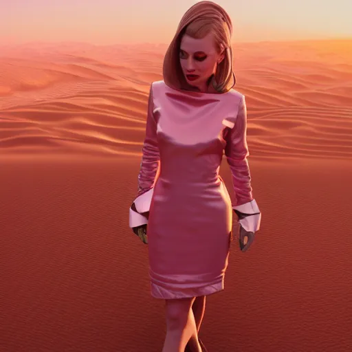 Image similar to innovative avant-garde art, deco fashion, british women, wearing pink, highly detailed, photorealistic portrait, serene desert setting, golden hour, crisp quality and light reflections, unreal engine 5 quality render