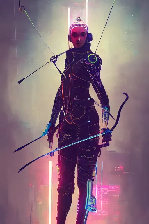 Image similar to female archer, cyberpunk futuristic neon. fencing, long sword in her hand, decorated with traditional japanese ornaments by ismail inceoglu dragan bibin hans thoma greg rutkowski alexandros pyromallis nekro rene maritte illustrated, perfect face, fine details, realistic shaded, fine - face, pretty face, masterpiece