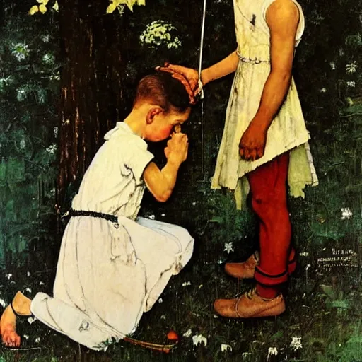 Prompt: A man and his little fairy friend. A painting by Norman Rockwell.