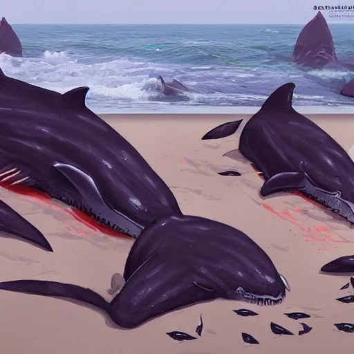 Image similar to pile of dead whales, sharks, fishes on the beach, red juice leaking, painting, artstation