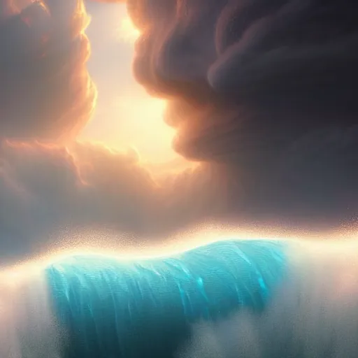 Prompt: beautiful digital fantasy illustration of a a giant wave in the sky, a detailed matte painting by Dan Luvisi, highly detailed, soft lighting, rendered in octane, masterpiece, very very very aesthetic