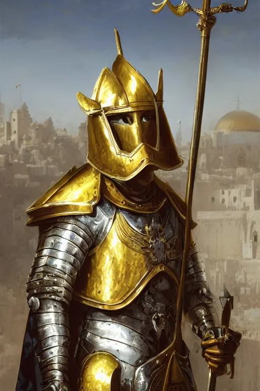 Image similar to man in decorated with gold in baroque style crusader armor, helmet hiding his face and white cape standing at the gates of jerusalem drawn by greg rutkowski realistic high detail