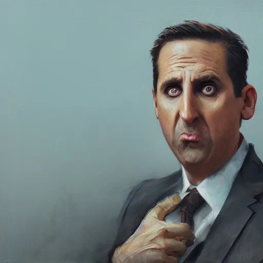 Image similar to hyper realistic, surreal, portrait of michael scott making silly absurd faces, painted by greg rutkowski, wlop, loish,