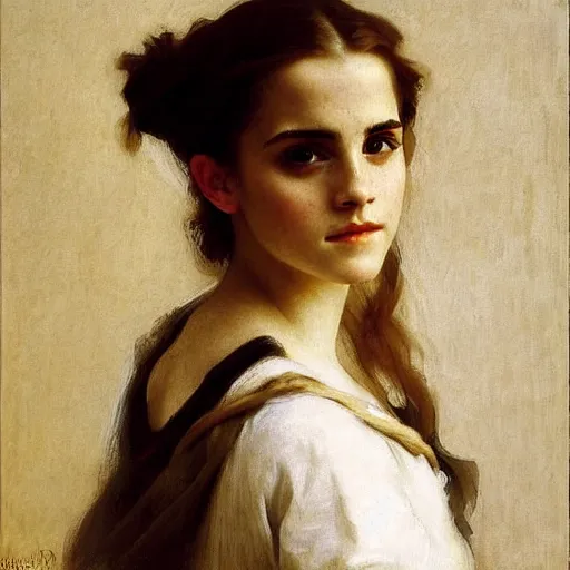 Image similar to Portrait of Emma Watson, by William Adolphe Bouguereau, John Singer Sargent, Vermeer, serene