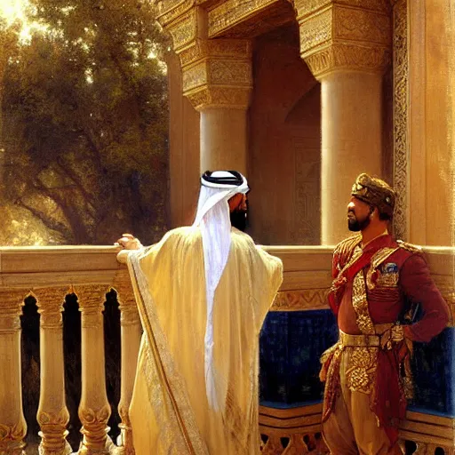 Image similar to attractive arab king confesses his love for his attractive male prince, in balcony of palace, above a river,. highly detailed painting by gaston bussiere, craig mullins, j. c. leyendecker