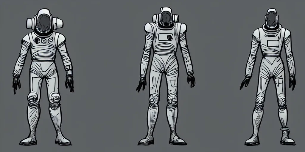 Image similar to male, fully body, elongated figure, science fiction space suit with a helmet, large shoulders, short torso, long thin legs, tiny feet, character sheet, funko, digital sketch, hyperdetailed, dieselpunk, stylized character design, concept design, in the style of mike mignola