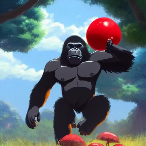 Image similar to gorilla wearing a black shirt, holding a red mushroom, landscape illustration concept art anime key visual trending pixiv fanbox by wlop and greg rutkowski and makoto shinkai and studio ghibli and kyoto animation