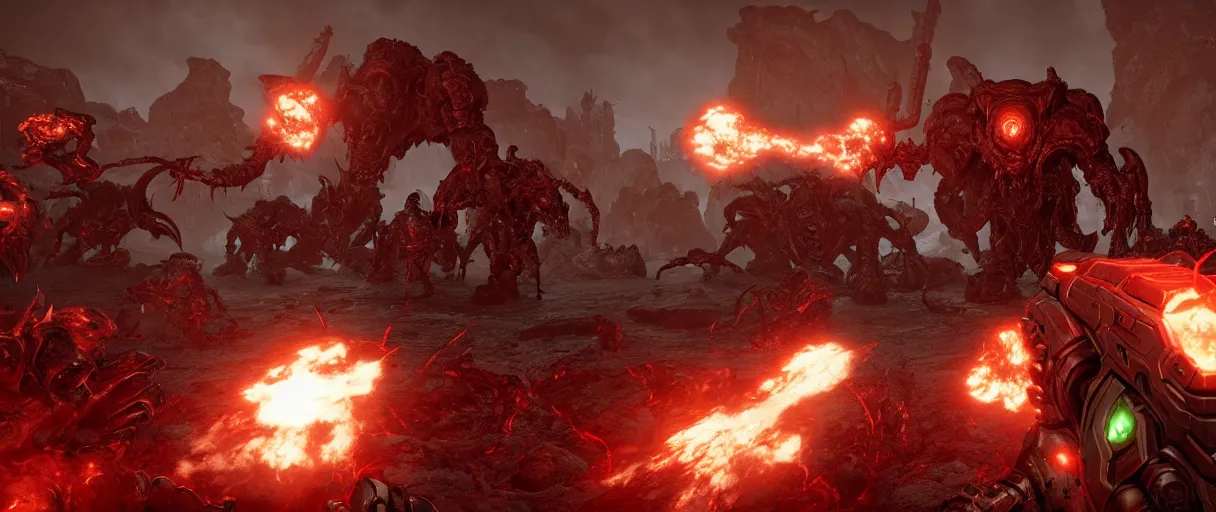 Image similar to doom slayer defeating hordes of demons and creatures on Urdak, wide shot, high detail, photorealistic, “doom eternal”, unreal engine