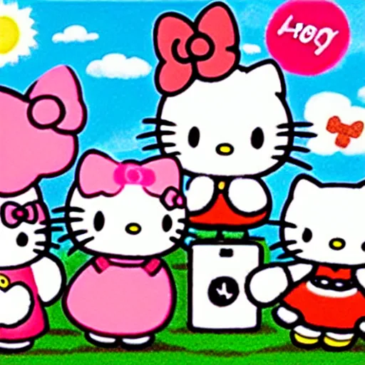 Image similar to painting of hello kitty and sanrio characters playing outside on a sunny day, by artgerm