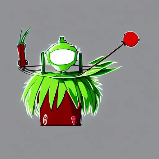 Image similar to cute robot made of plants wearing tomato hat and a chive sword, made in abyss style