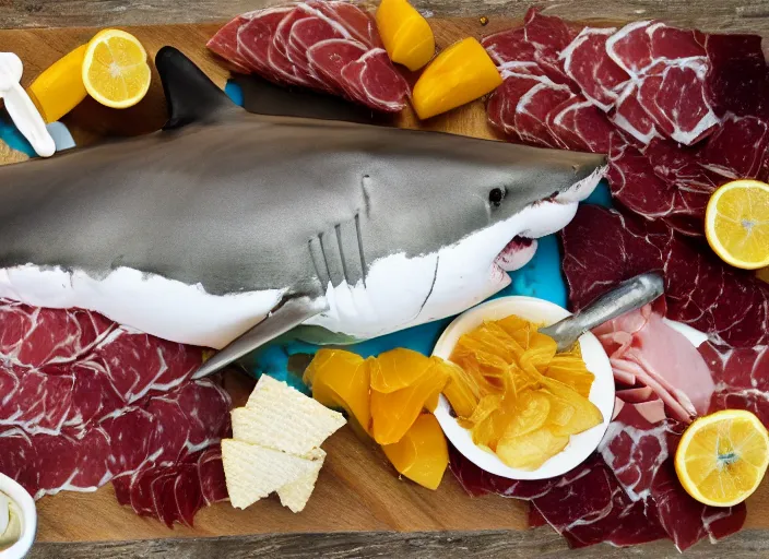 Prompt: underwater photo still of a great white shark eating a charcuterie platter, 8 k