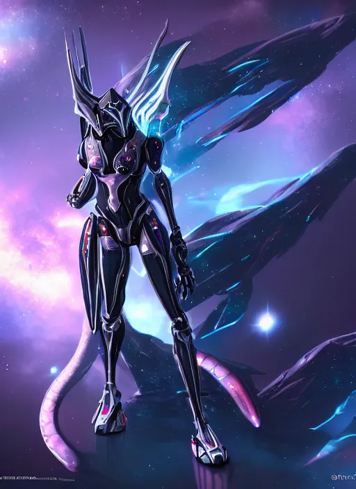 Image similar to cinematic shot, cosmic sized perfectly proportioned stunning beautiful hot female warframe, robot mecha female dragon head, metal ears led eyes, silver armor, fuschia leds, floating in empty space, nebula sized, holding a galaxy, epic proportions, epic size, epic scale, furry art, dragon art, giantess art, warframe fanart, furaffinity, deviantart