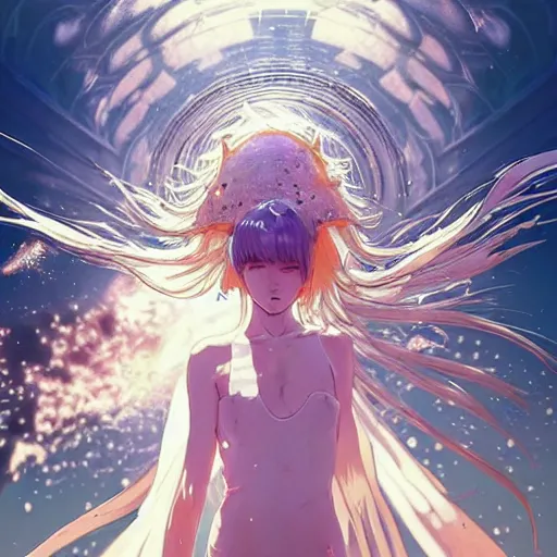 Prompt: god covered in bleach, with rhinestone eyes, covered in paralytic dreams, future pixels, illustration trending on artstation, anime. by hayao miyazaki and rossdraws and artgerm and greg rutkowski and alphonse mucha and studio ghibli and ilya kuvshinov. high quality, stunning, intricate detailed environment. 8 k