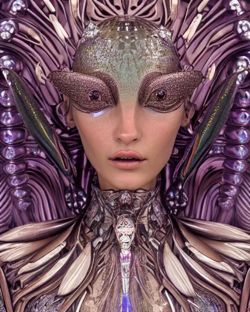 Image similar to a highly detailed metahuman 4 k close up render of an alien goddess bella hadid monument dragonfly in iris van herpen dress schiaparelli in diamonds crystals swarovski and jewelry iridescent in style of alphonse mucha gustav klimt trending on artstation made in unreal engine 4