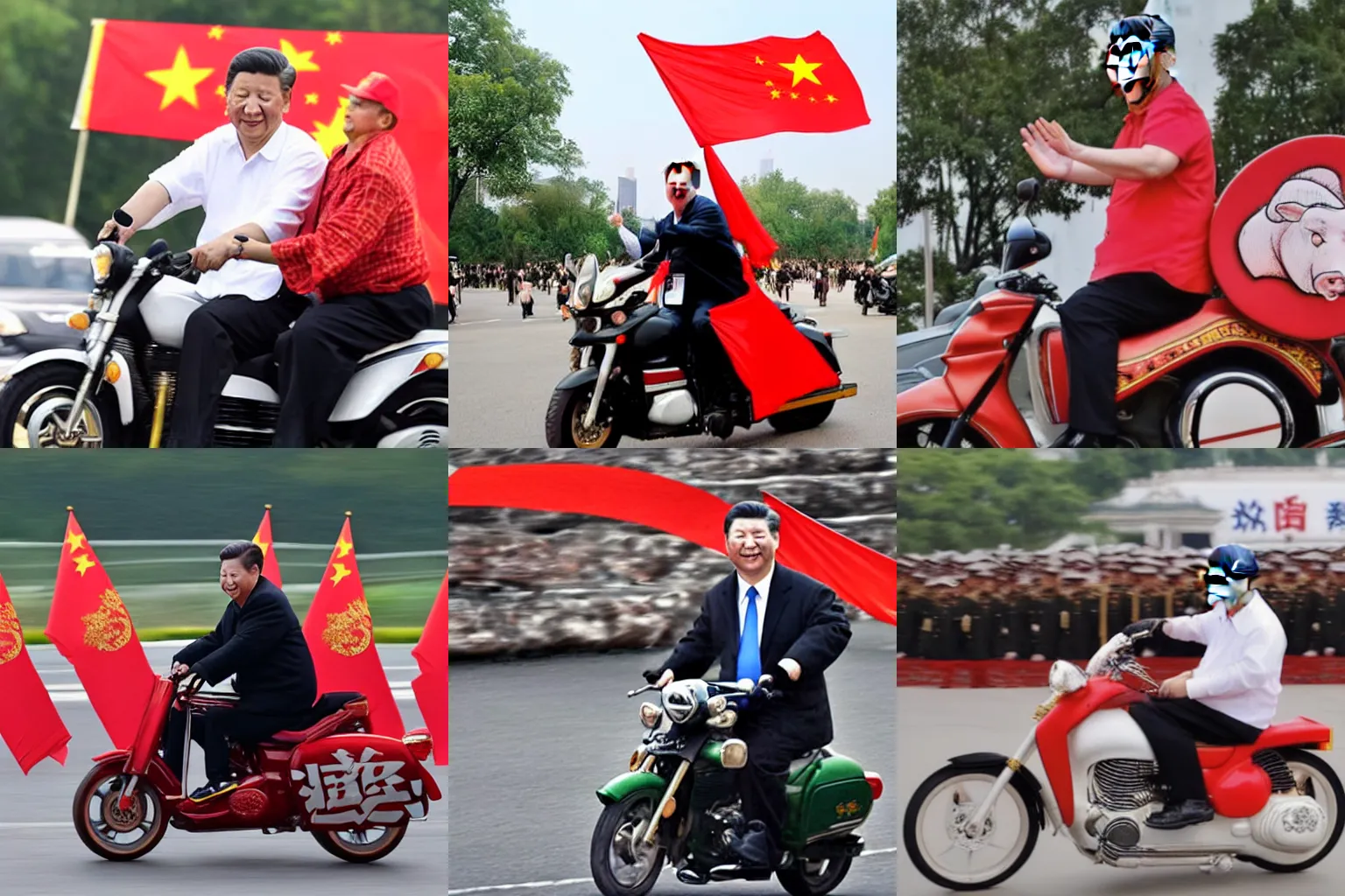 Prompt: xi jinping riding a hog while holding a banner