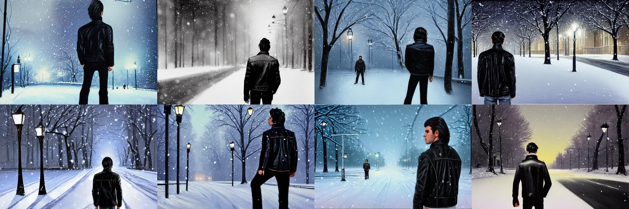 Prompt: beautiful snow - covered man from back standing on empty alley with street lamps in park with pines to the horizon, dressed in short leather jacket, snowfall at night, 1 9 8 0 s mullet haircut, black hairs, half - length portrait, perfect symmetrical eyes, cinematic by kezie demessance, painting, digital art, detailed, hyperrealism, igla movie shot