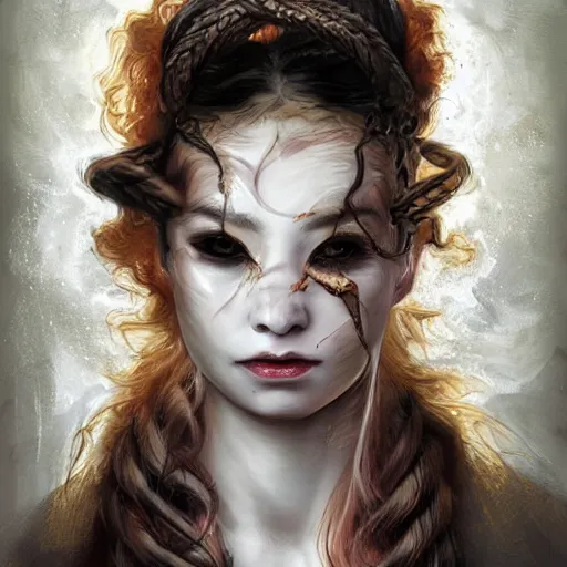 Image similar to portrait of a Shibari rope wrapped face and neck, headshot, insanely nice professional hair style, dramatic hair color, digital painting, of a old 13th century, traveler, amber jewels, baroque, ornate clothing, scifi, realistic, hyperdetailed, chiaroscuro, concept art, art by Franz Hals and Jon Foster and Ayami Kojima and Amano and Karol Bak,