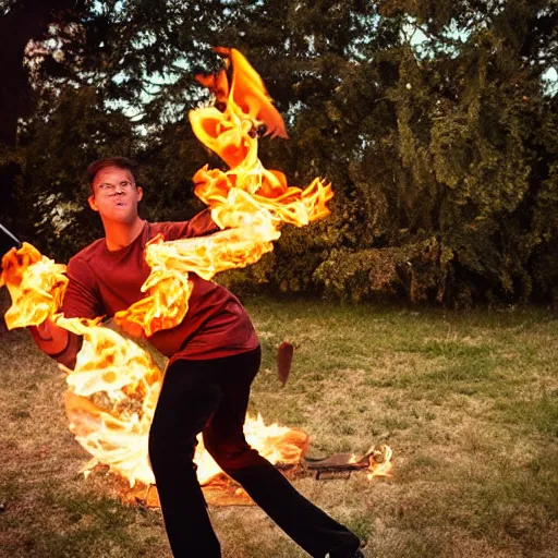 Image similar to professional photograph of a cat juggling fire sticks ona unicycle