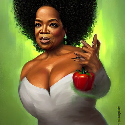 Image similar to a dish of oprah winfreys face fused with okra veg with green stalky ( ( green oprah winfrey's face ) ), oprah okra winfrey sentient veg, by greg rutkowski