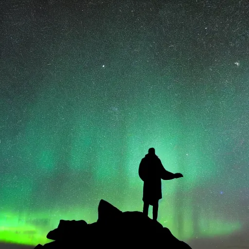 Image similar to 4K Epic Ultra HD detailed award-winning wallpaper silhouette of lonely man standing on rock looking at huge vast sky universe Milky Way aurora