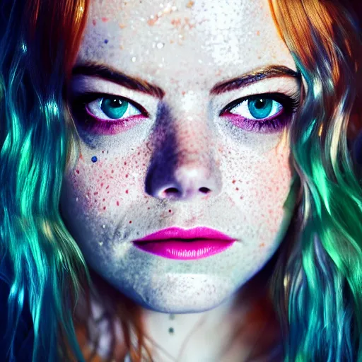 Image similar to Emma Stone as a mermaid, grungy, unkept hair, glowing eyes, modelsociety, wet from rain, radiant skin, huge anime eyes, bright on black, dramatic, studio lighting, perfect face, intricate, Sony a7R IV, symmetric balance, polarizing filter, Photolab, Lightroom, 4K, Dolby Vision, Photography Award