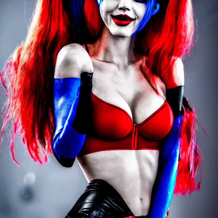 Image similar to fully body pose, photo of a very beautiful!! victoria secret model harley quinn, raining, 8 k, hdr, smooth, sharp focus, high resolution, award - winning photo, trending on artstation, dslr, 5 0 mm