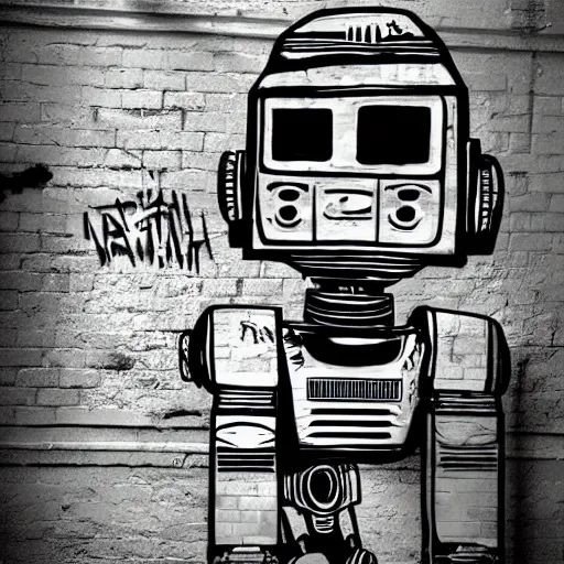 Prompt: chappie robot color graffiti, black and white zef design graffiti covering the wall behind, dark lighting, digital art