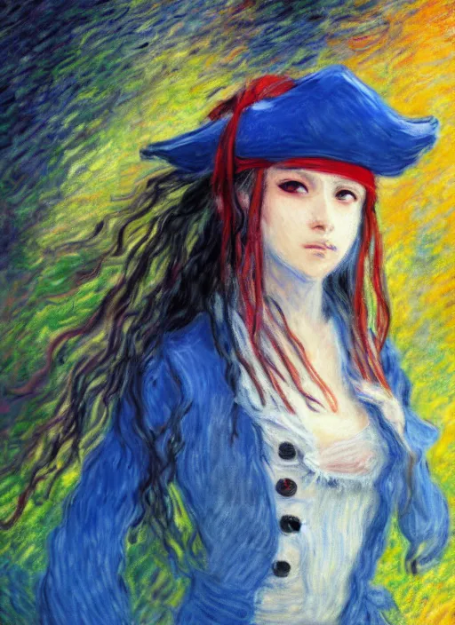 Prompt: a portrait of a female pirate, very anime in impressionist style, trending artwork, 4 k, anime painter studio, by claude monet