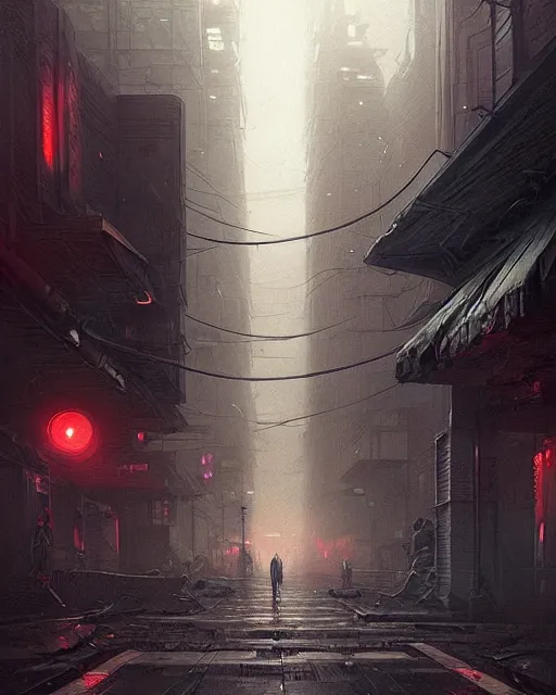 Prompt: professional ominous concept art of a dreary cyberpunk downtown street by artgerm and greg rutkowski. an intricate, elegant, highly detailed digital painting, concept art, smooth, sharp focus, illustration, in the style of simon stalenhag, wayne barlowe, and igor kieryluk.