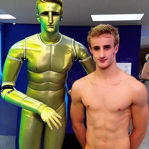 Image similar to “a realistic detailed photo of a guy who is an attractive humanoid who is half robot and half humanoid, who is a male android, British diver Jack Laugher & Chris Mears, shiny skin, posing like a statue, blank stare, by a diving pool, on display”