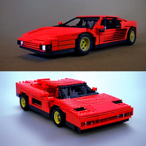 Prompt: red ferrari testarossa, outrun game, lego set