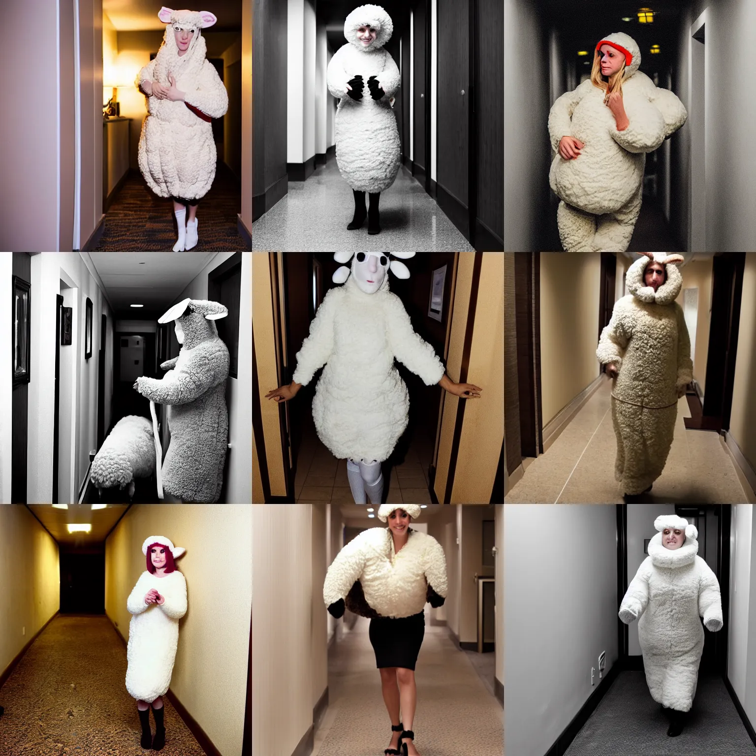 Prompt: woman in a sheep costume, in a hotel hallway, flash photography