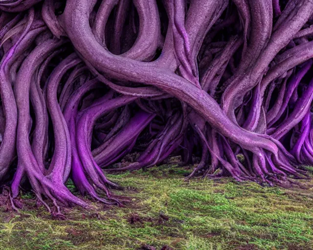 Prompt: A wall of oily, tentacled purple roots that rose up from the earth, forming a dome over a hundred feet in height, and which intersected across the road as if it were a natural formation. wide-angle lens effect, creeper, low-poly, cinematic. 16k render. Impressionist painting style. Matte painting, hyperrealistic, photorealism, detailed. HDR lighting. Widescreen format, HDR. Film grain. Wide screen format, HDR.