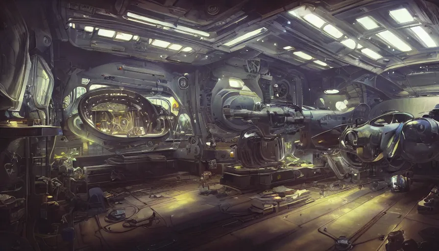 Image similar to the inside of a futuristic mechanic spaceshop coc, highly detailed interior, half - finished robot, holographic screen in center frame by peter mohrbacher, dieselpunk, firefly, cryengine render, hyper realism, realistic shading, cinematic composition, realistic render, octane render, detailed textures, photorealistic, wide shot, fanciful, colorful