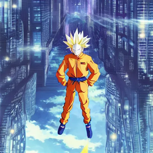 Prompt: 1 7 - year - old orange - gold haired anime boy wearing blue jacket, spiky hair, super saiyan aura, floating above roof, futuristic city in background, 2 0 0 1 anime, subsurface scattering, intricate details, art by toei, art by studio gainax, studio trigger art