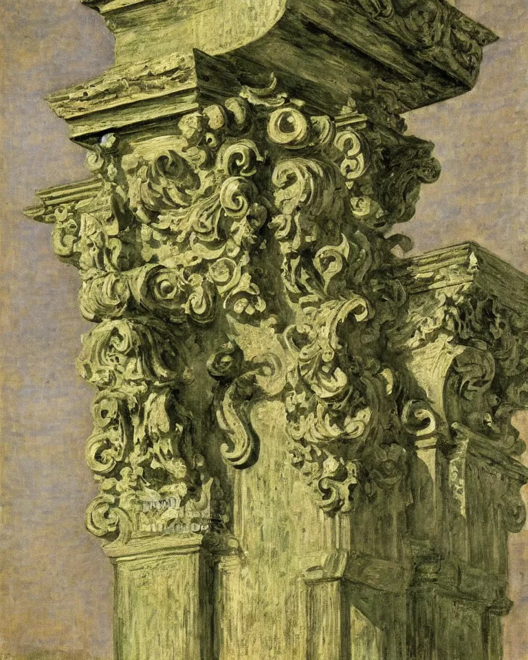 Image similar to achingly beautiful painting of intricate ancient roman corinthian capital on olive drab background by rene magritte, monet, and turner. giovanni battista piranesi.