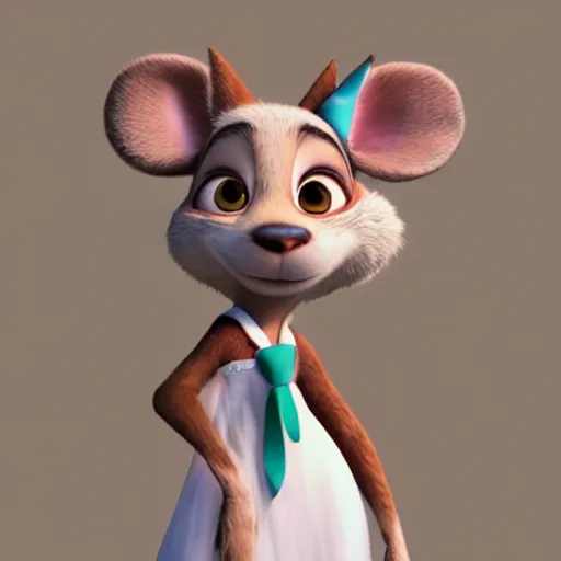 Image similar to 3 d render, portrait, headshot, closeup, anthropomorphic mouse, female, in a maxi white dress, in the style of zootopia, closeup