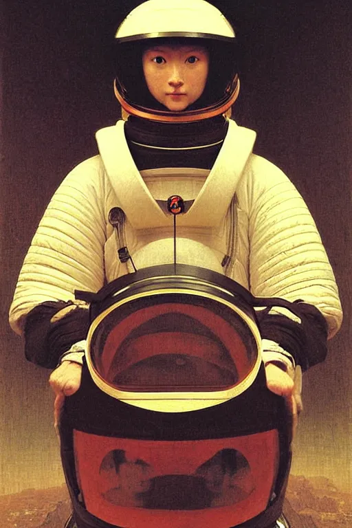 Image similar to portrait of a astronaut in samurai helmets an ancient human species, single person, by bouguereau