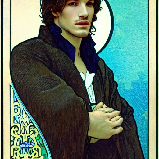 Image similar to gaspard ulliel portrait by louis - theophile hingre and alphonse mucha, realistic, sharp focus, zodiac signs, tarot cards, planets, ethereal, art nouveau, magic, moon, sun, crown, dreamy, royal, jewellery