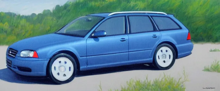 Image similar to Denim Blue Audi A4 B6 Avant (2002) landscape painting in the style of 19th century Hudson River School art