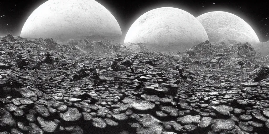 Image similar to an alien world landscape, black and white old photograph