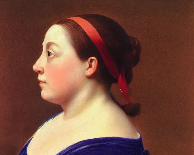 Image similar to colored portrait. the same style. a very unique profile, seen from the side, medium shot. fat face, a straight and long nose, and huge prominent eyes. she is singing to the sun. old photograph. sharp image. academicism, highly detailed, color harmony, art station, ornate, caravaggio style. old photography